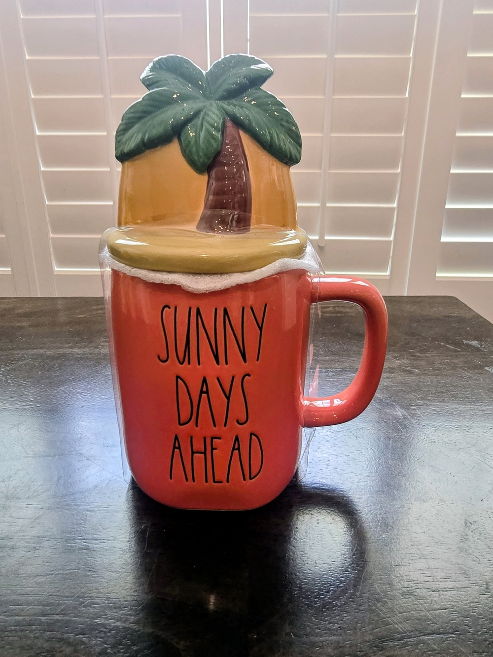 Rae Dunn " Sunny Days Ahead" Coral Red Ceramic Mug with Tropical Palm Lid